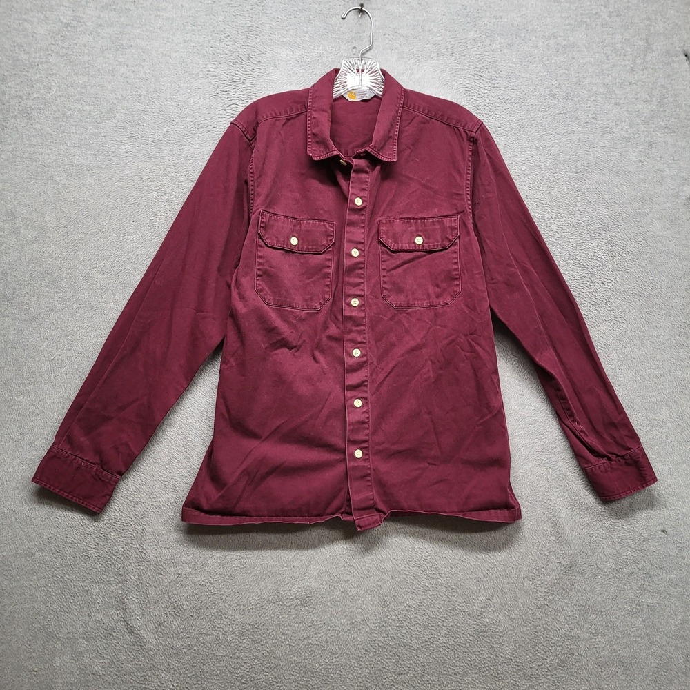 VINTAGE Carhartt Men Button Up Shirt L Red Twill L/S Master Shirt Workwear READ
